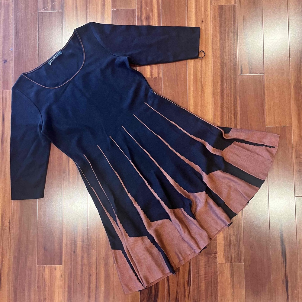 Peruvian Connection Black Orange Brown Sweater Dress 3/4 Sleeve Knit Size Small